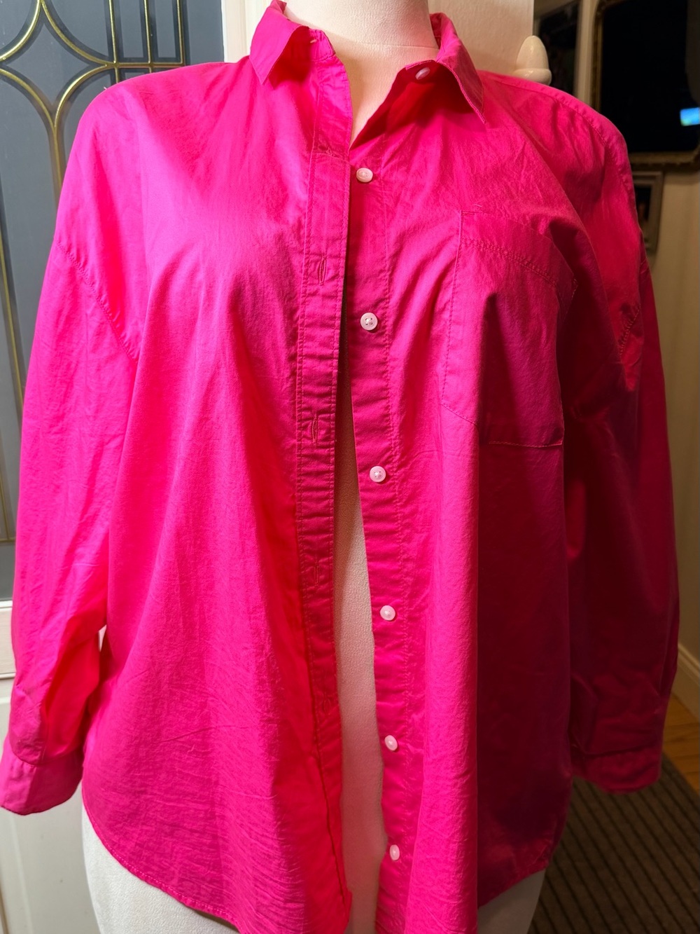 Old Navy The Boyfriend Shirt Large Hot Pink 100% Cotton Oversized Dopamine Prep